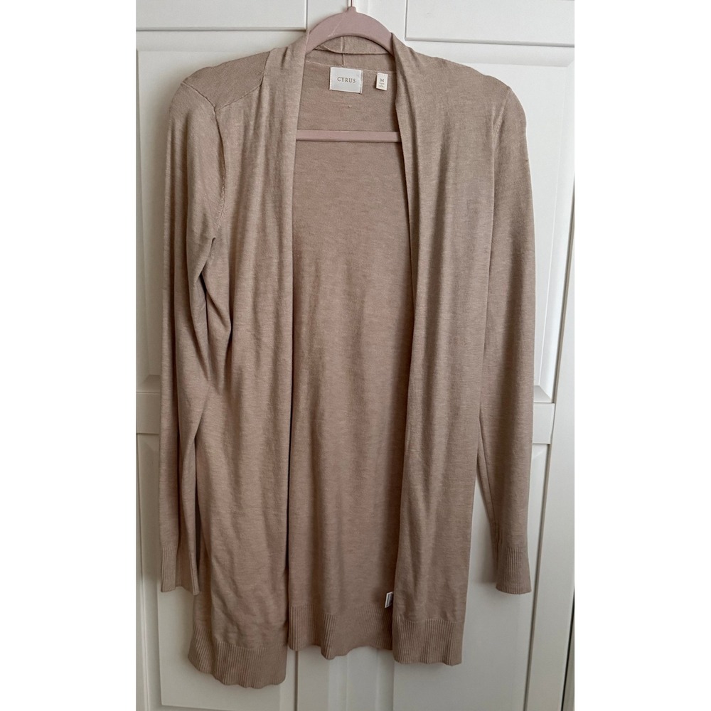 Cyrus Cardigan Sweater Minimalist Women Medium Tan Open Front Longline Knit